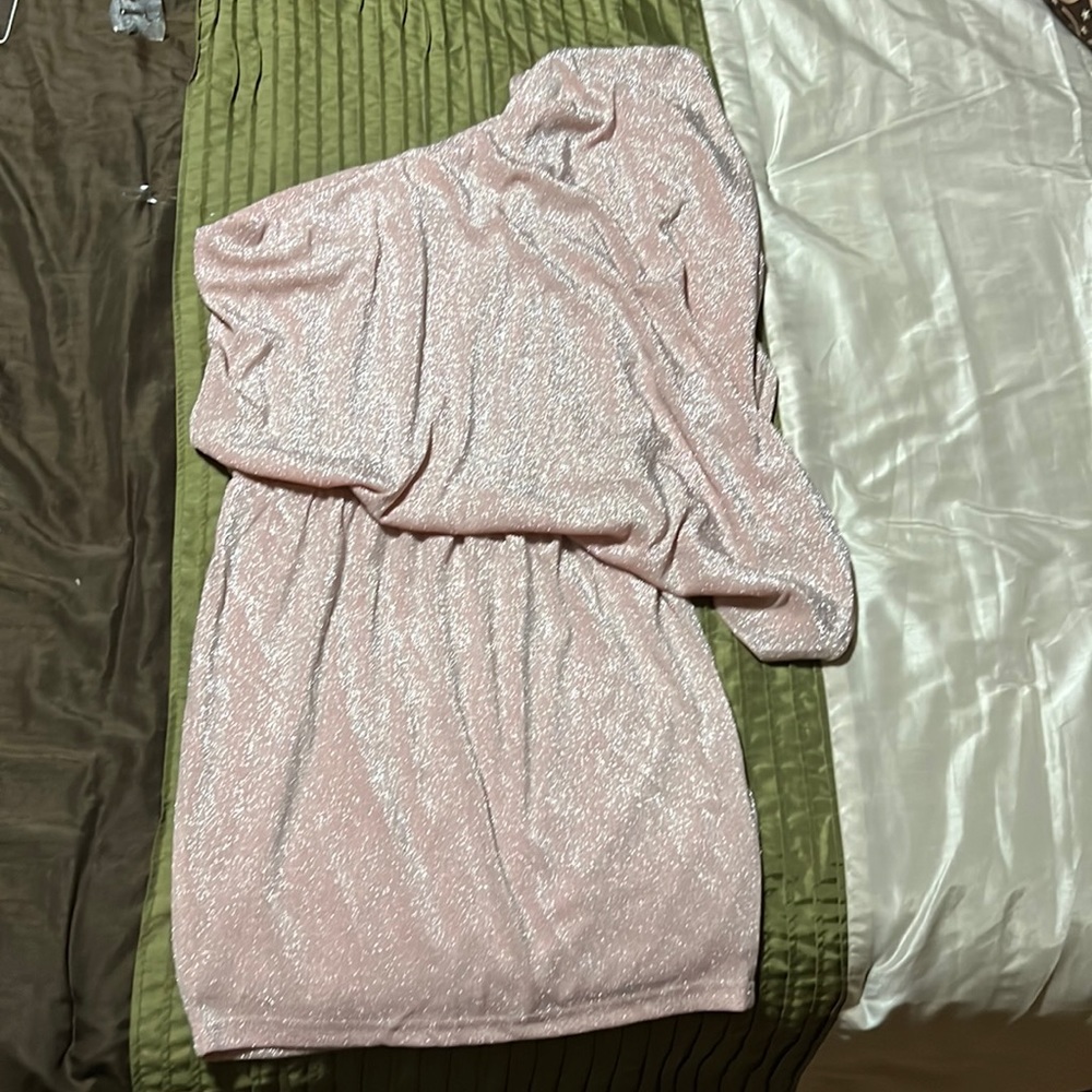One shoulder dolman sleeve pink glitter dress